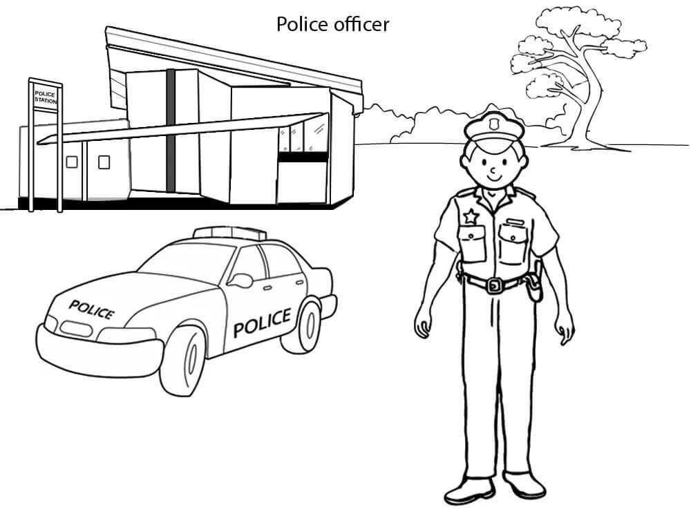 Dibujo de Policía y Coche de policía en la Comisaria para Colorear