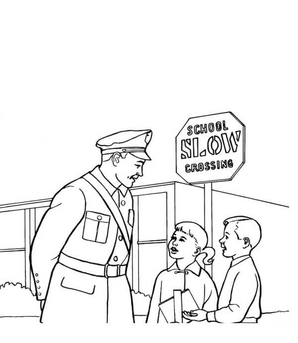 Dibujo de Policía y Dos niños para Colorear
