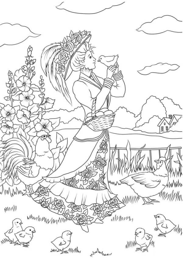 Dibujo de Chica Sujetando Pollito para Colorear
