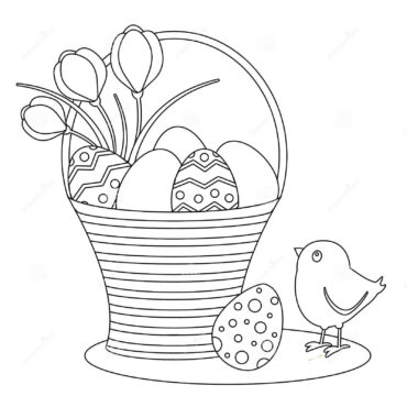 Dibujo de Pollitos y Canasta de Huevos de Pascua para Colorear