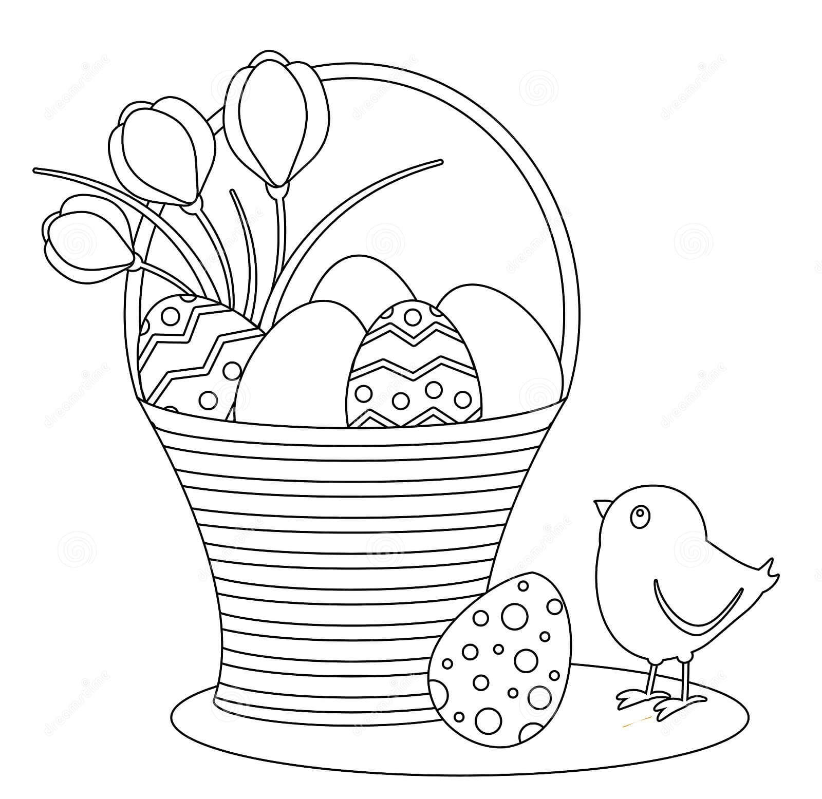 Dibujo de Pollitos y Canasta de Huevos de Pascua para Colorear