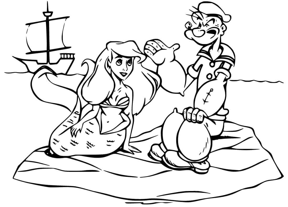 Dibujo de Popeye y Ariel para Colorear