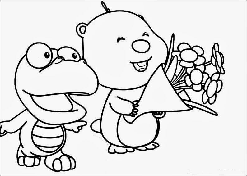 Dibujo de Crong y Loopy Sosteniendo un Ramo para Colorear