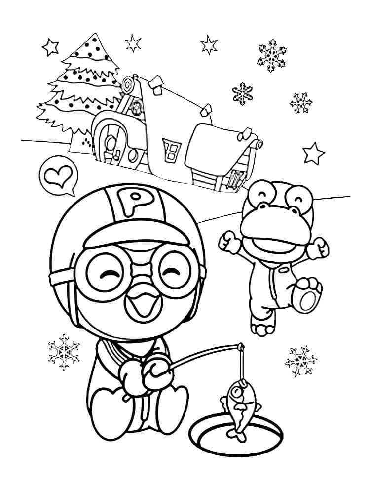 Dibujo de Pesca Pororo y Crong en Invierno para Colorear