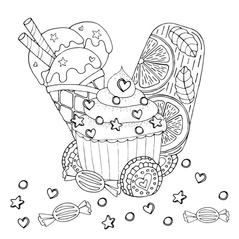 Dibujo de Pastel Dulces Postre Helado para Colorear