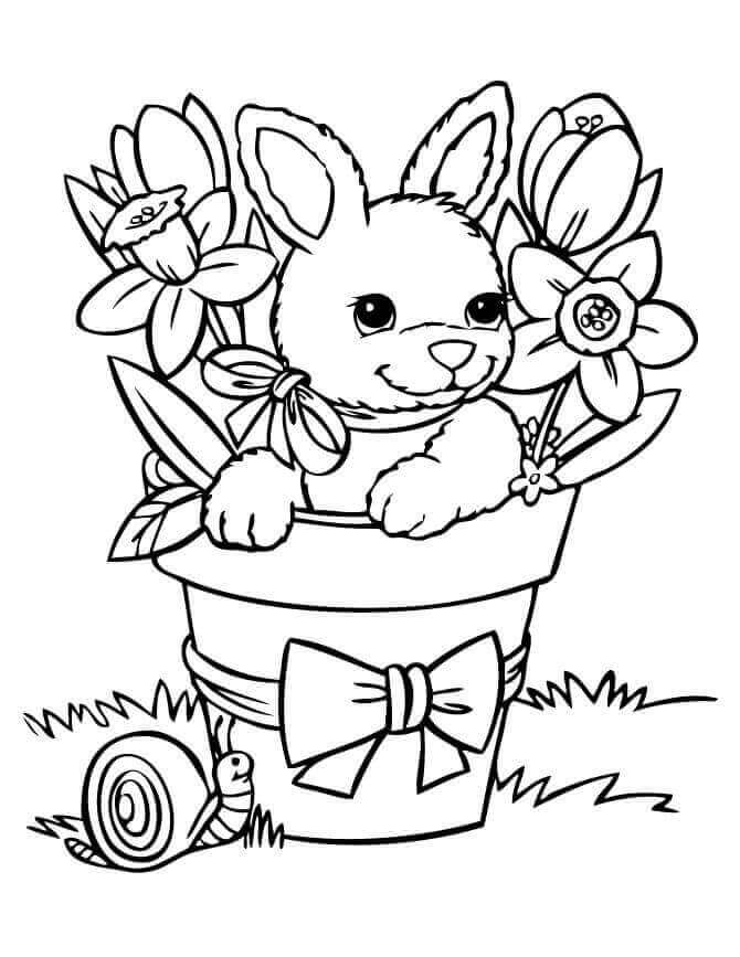 Dibujo de Conejo en Maceta en Primavera para Colorear