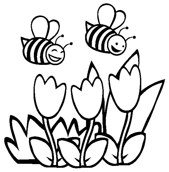 Dibujo de Dibujar Dos Abejas con las Flores en Primavera para Colorear