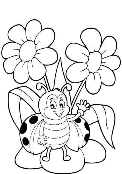 Dibujo de Divertida Mariquita con Flor en Primavera para Colorear