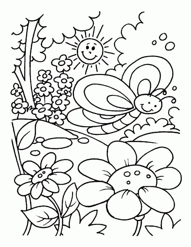 Dibujo de Mariposa Sonriente en Primavera para Colorear