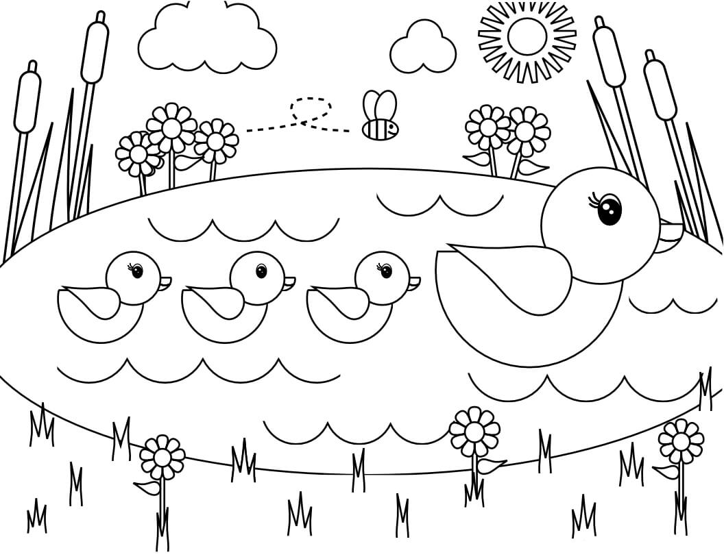 Dibujo de Pato Familiar en Primavera para Colorear
