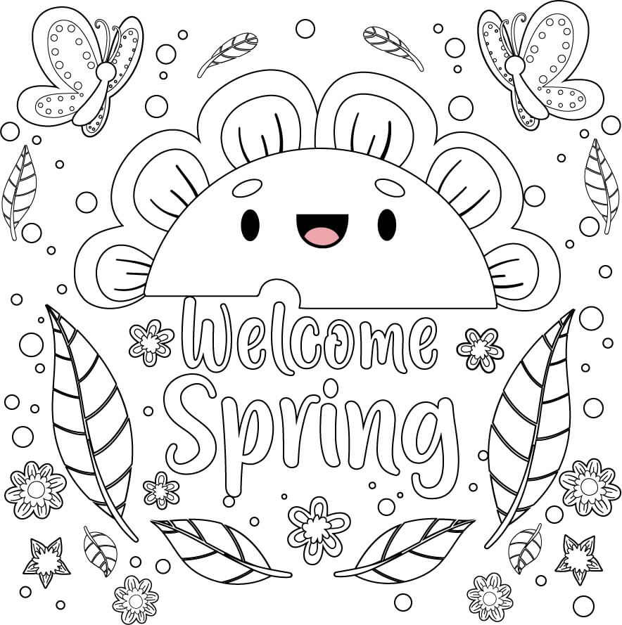 Dibujo de Primavera de Bienvenida de Dibujos Animados para Colorear