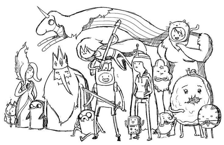 Dibujo de Princesa Bubblegum y Todos los Personajes de Hora de Aventura para Colorear