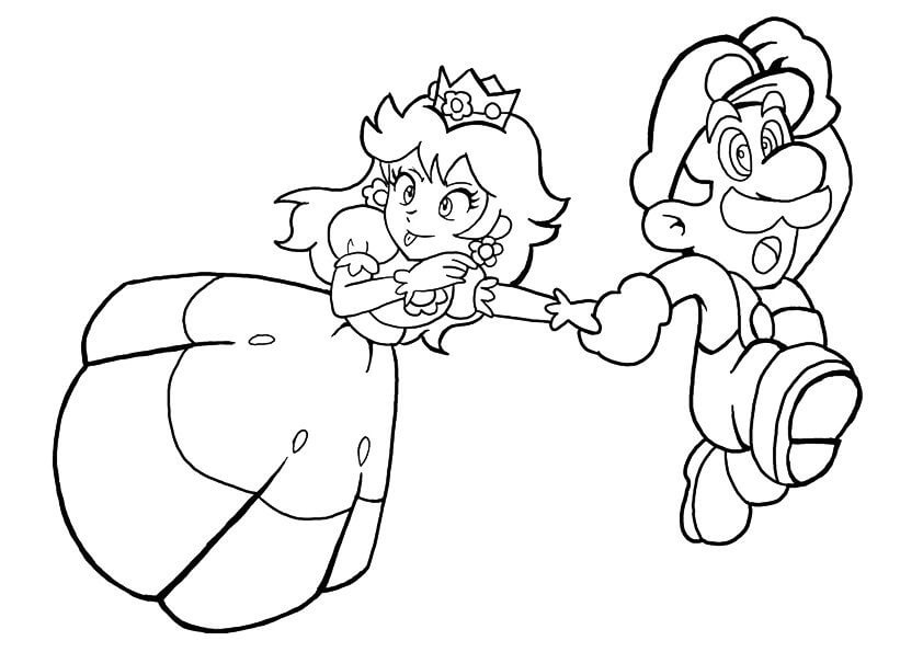 Dibujo de Divertida Princesa Peach y Mario Corriendo para Colorear