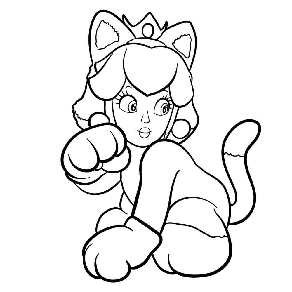 Dibujo de La Princesa Peach con Traje de Gato para Colorear
