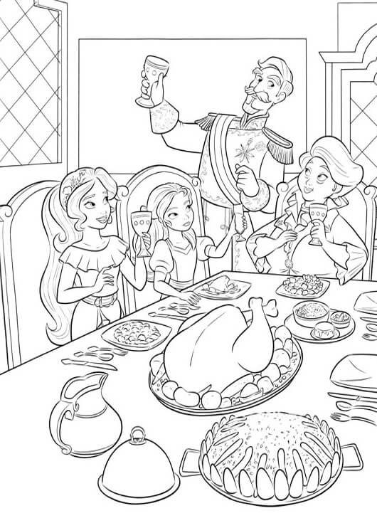 Dibujo de Princesa Elena y Familia Comiendo para Colorear
