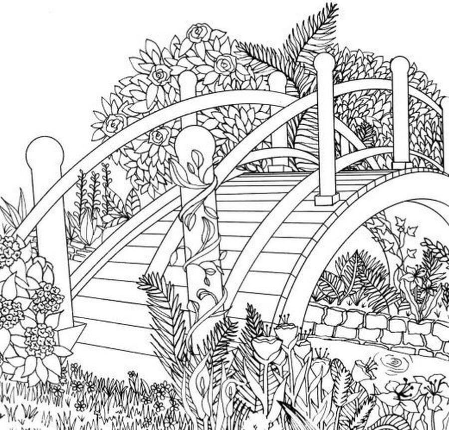 Dibujo de Puente con Hoja y Flor para Colorear