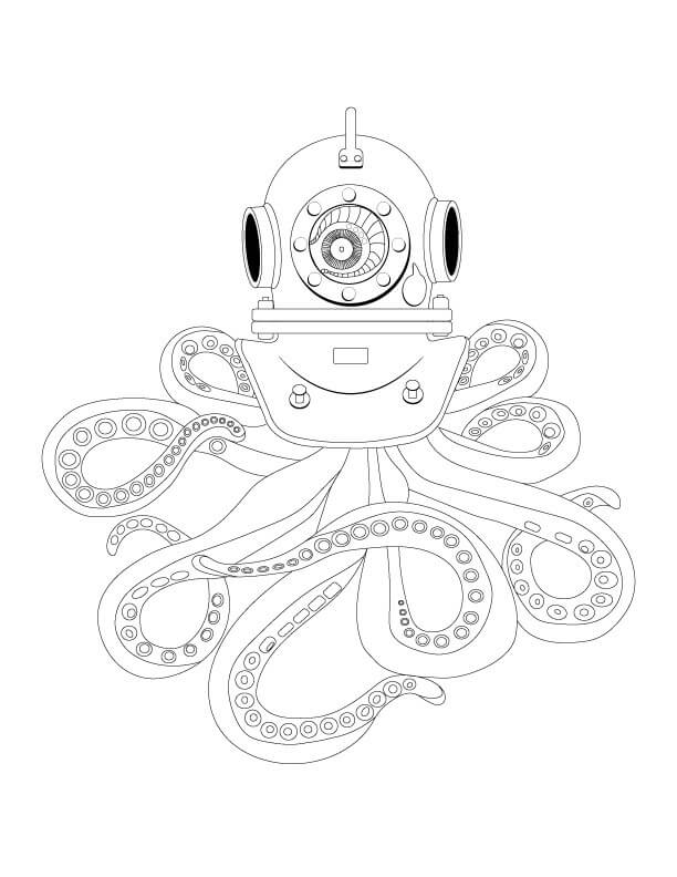 Dibujo de Casco de Buceo Antiguo con Pulpo para Colorear