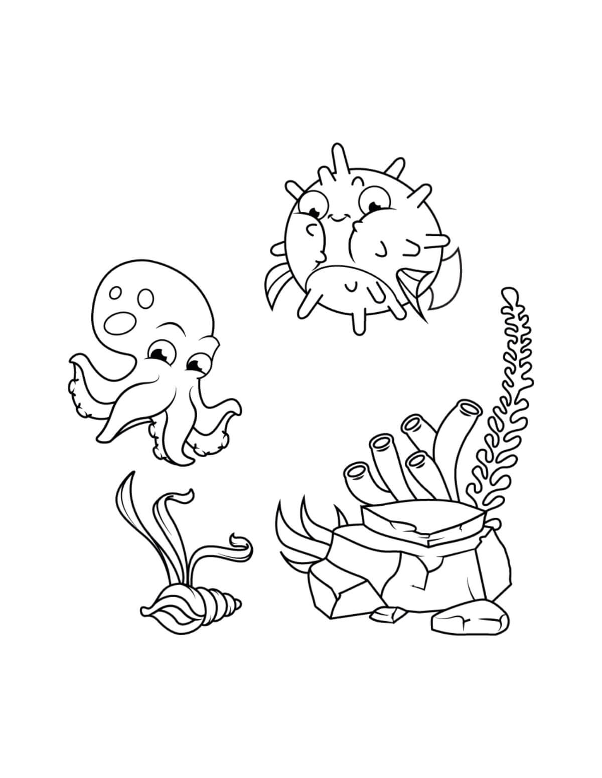 Dibujo de Pez Globo y Pulpo para Colorear