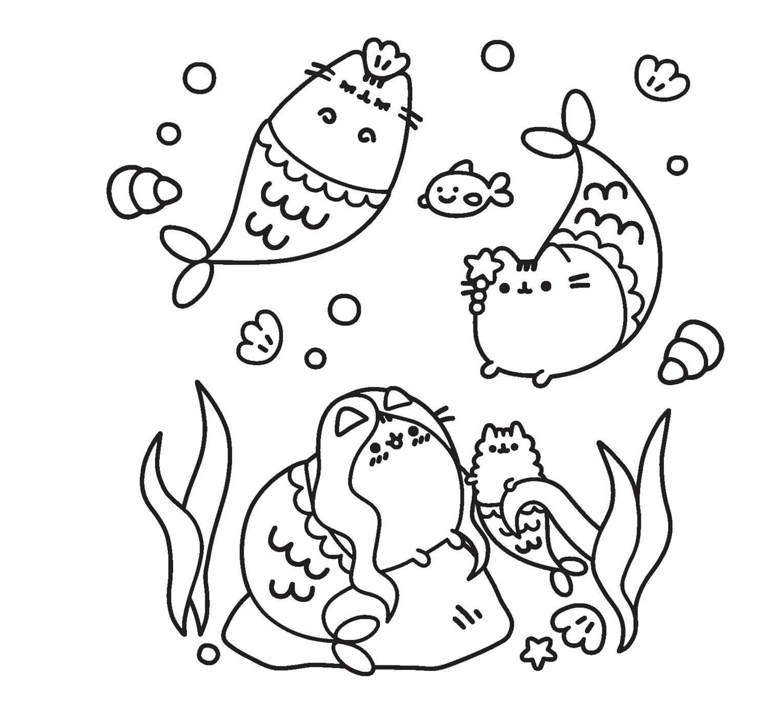 Dibujo de Cuatro Sirena Pusheen para Colorear