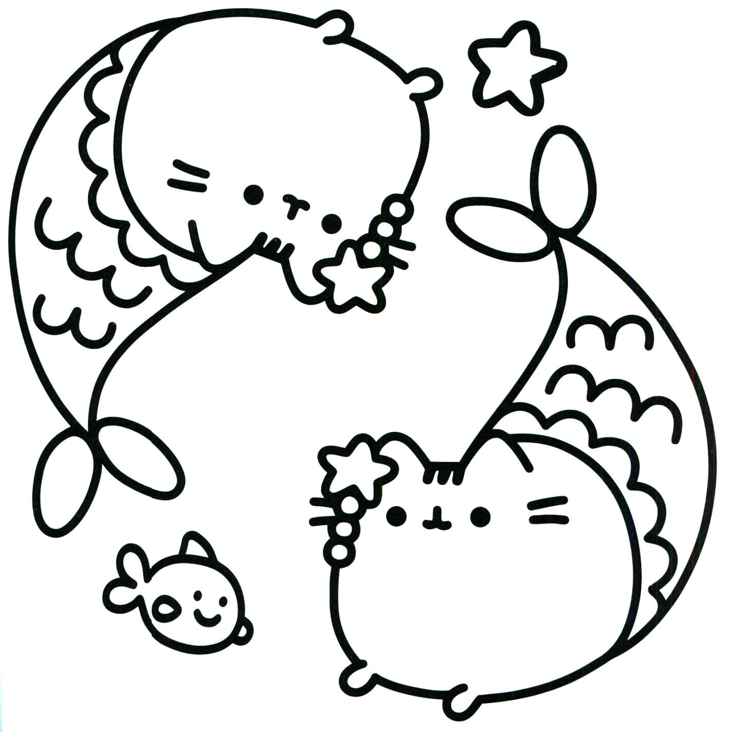Dibujo de Dos Sirena Pusheen y Pez Estrella para Colorear