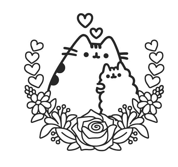Dibujo de Madre e Hijo Pusheen con Flor para Colorear