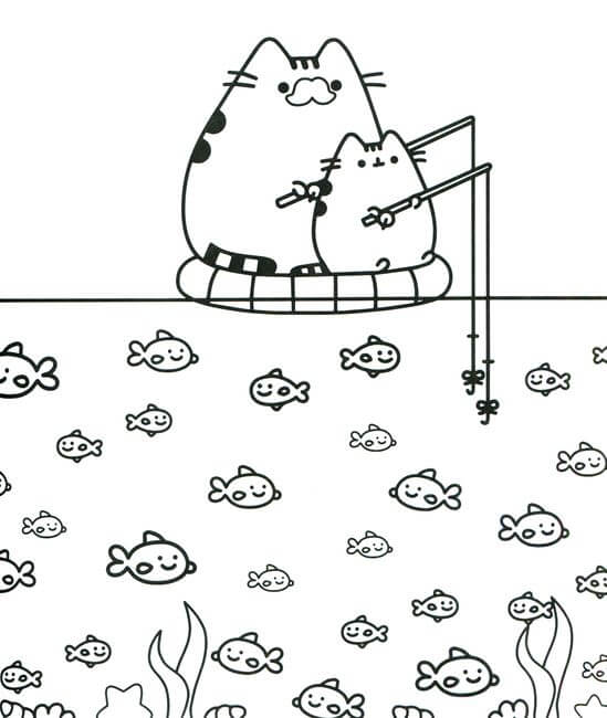 Dibujo de Pesca de Dos Pusheen para Colorear