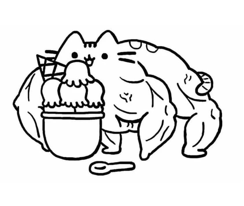 Dibujo de Pusheen Fuerte con Helado para Colorear