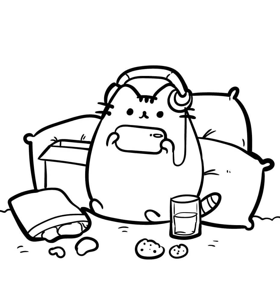 Dibujo de Pusheen Jugando al Juego para Colorear