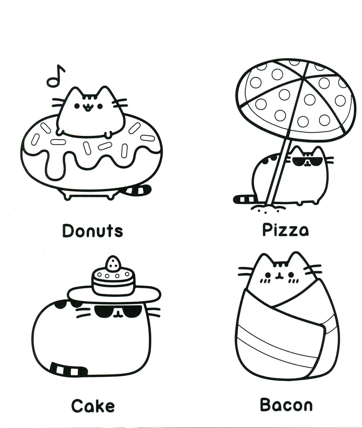 Dibujo de Pusheen con Cuatro Alimentos para Colorear