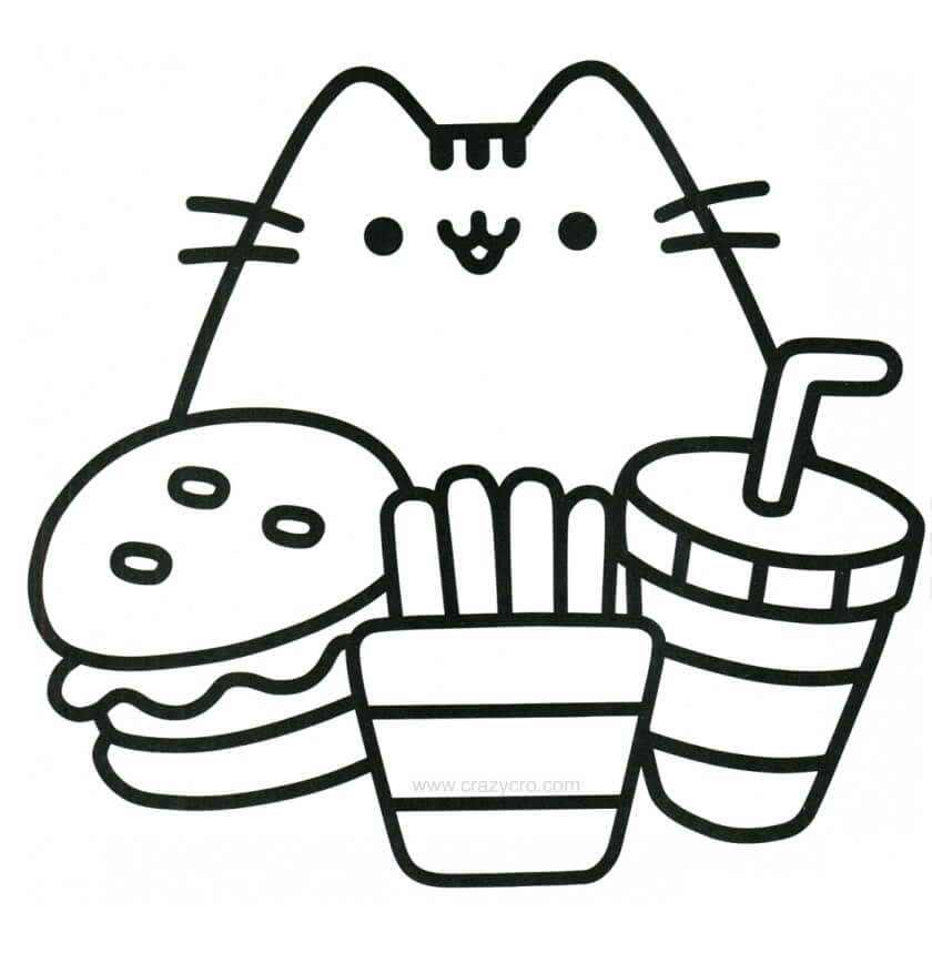 Dibujo de Pusheen con Tres Alimentos para Colorear