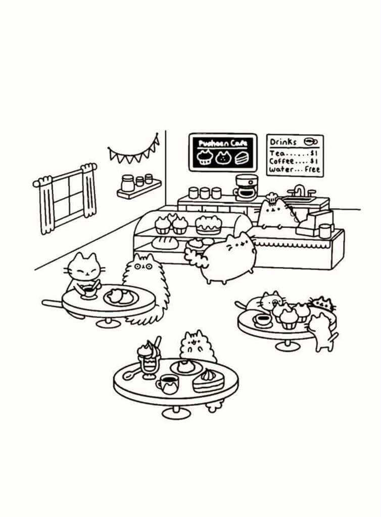 Dibujo de Pusheen y Amigos en Casa para Colorear