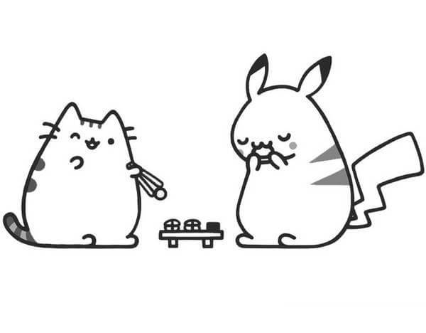 Dibujo de Pusheen y Pikachu Comiendo para Colorear