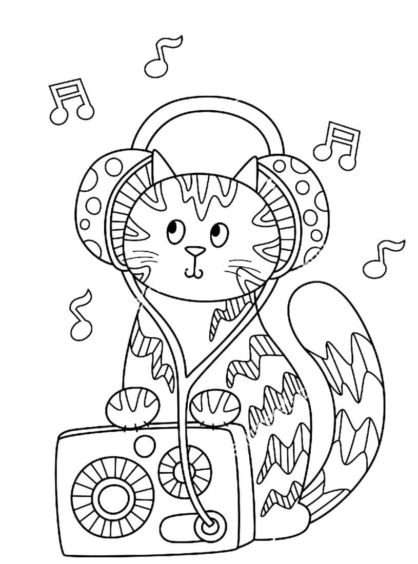 Dibujo de Lindo Gatito con Radio y Auriculares para Colorear
