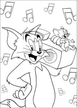 Dibujo de Tom y Jerry con Radio para Colorear