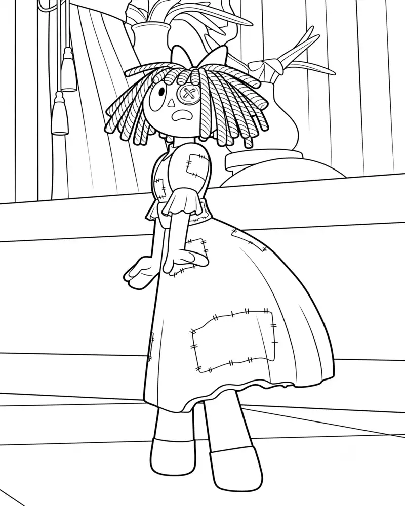 Dibujo de Ragatha Angustiada de Pie Sobre un Escenario de Cuadros página para Colorear