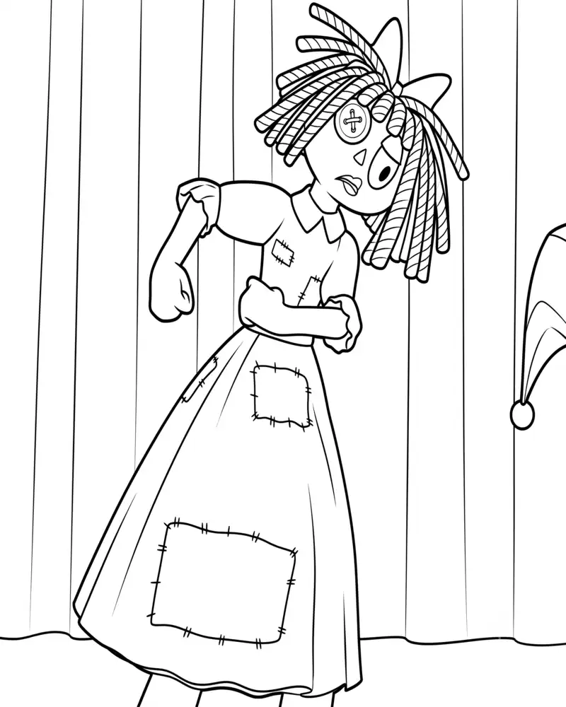 Dibujo de Ragatha Bailando Freneticamente en el Escenario con expresión de Preocupacion página para Colorear