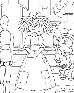 Dibujo de Ragatha Pomni y un Maniqui página para Colorear