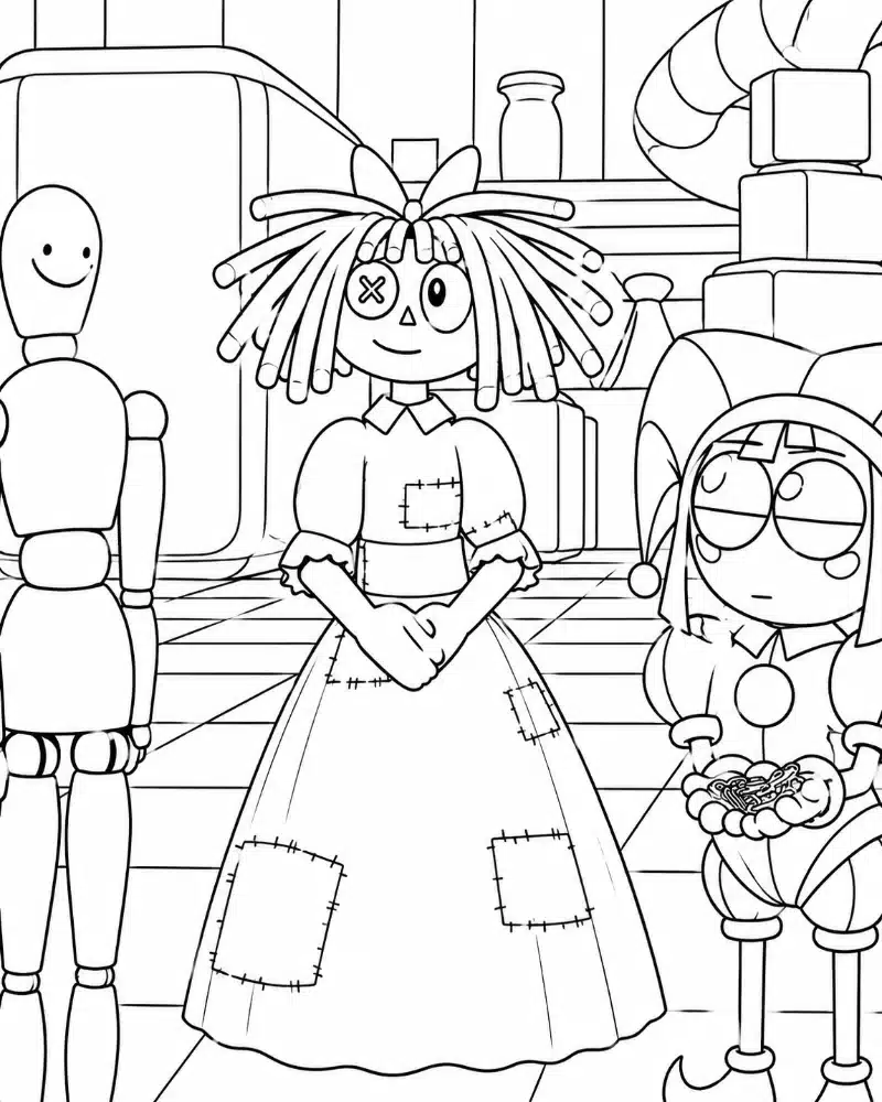 Dibujo de Ragatha Pomni y un Maniqui página para Colorear