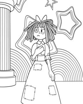 Dibujo de Ragatha Triste con Cabello de Hilo Rojo en el Escenario del Circo página para Colorear