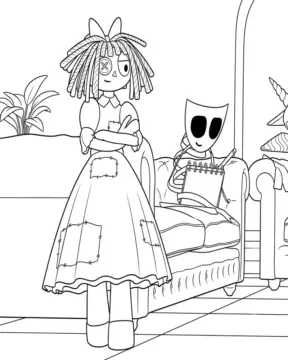 Dibujo de Ragatha y Gangle en un sofá página para Colorear