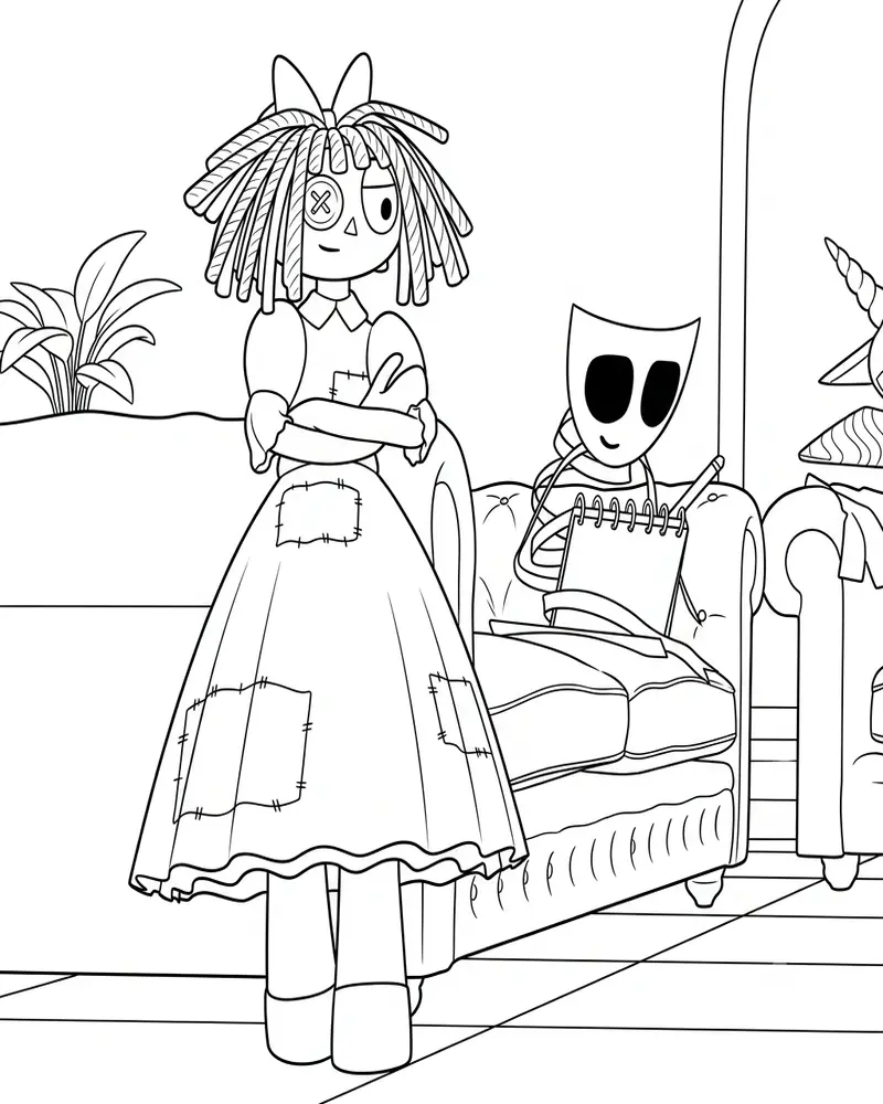 Dibujo de Ragatha y Gangle en un sofá página para Colorear