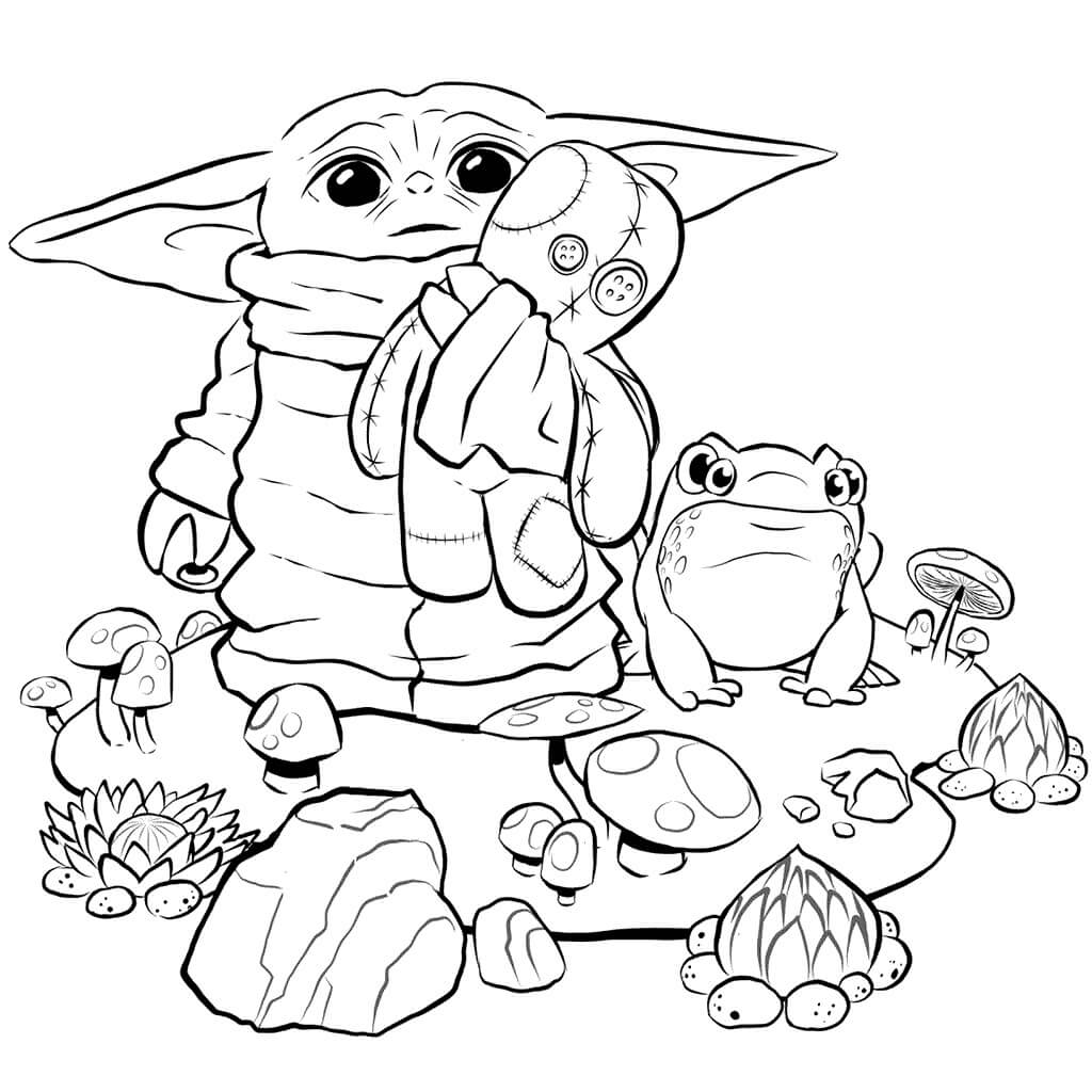Dibujo de Bebé Yoda Sosteniendo Juguete con Rana para Colorear
