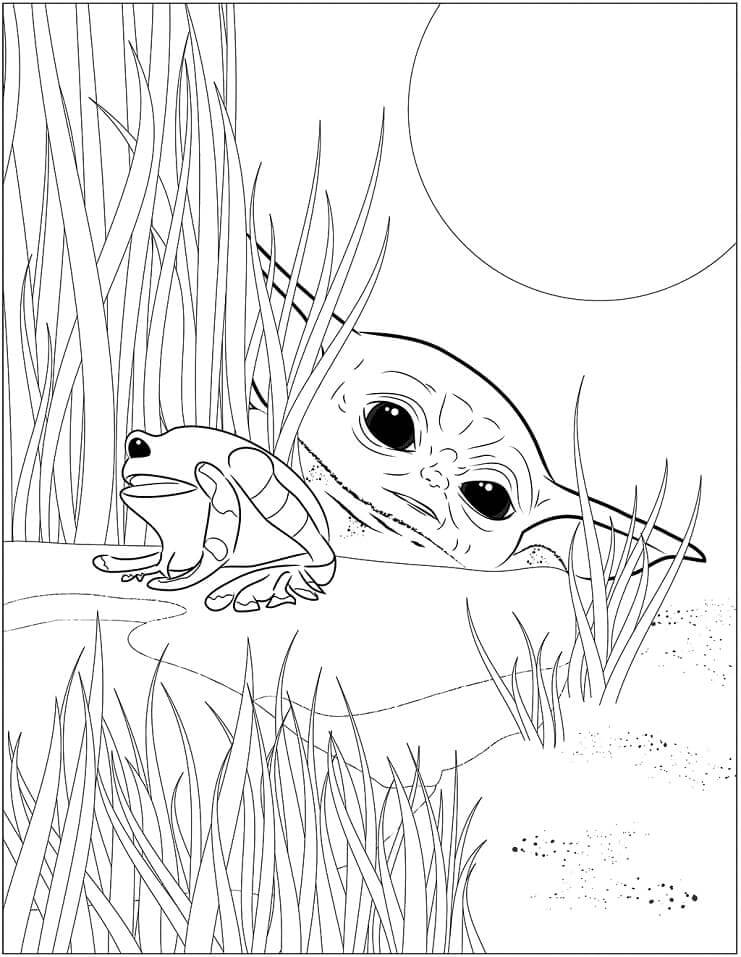 Dibujo de Bebé Yoda y Rana para Colorear
