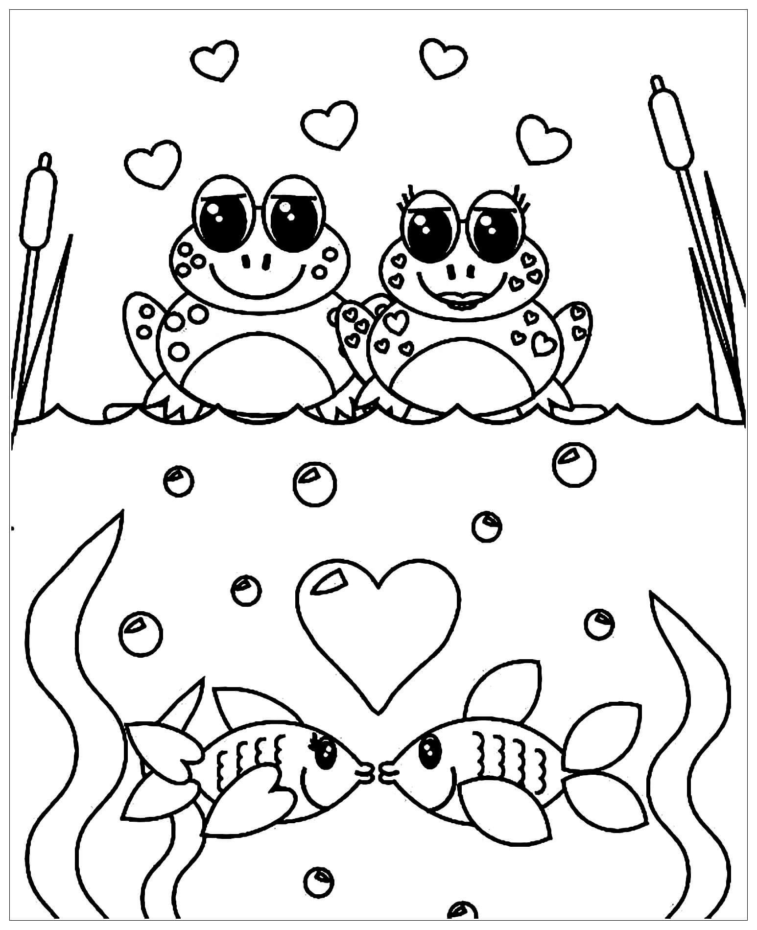 Dibujo de Pareja de Ranas y Pareja de Peces para Colorear