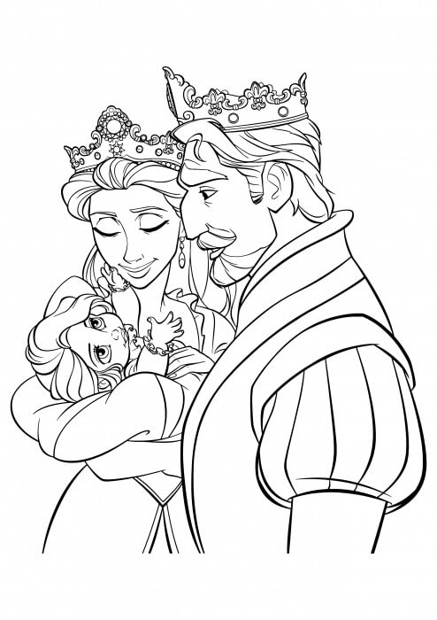 Dibujo de El Rey y la Reina Llevan a la Princesa Rapunzel para Colorear