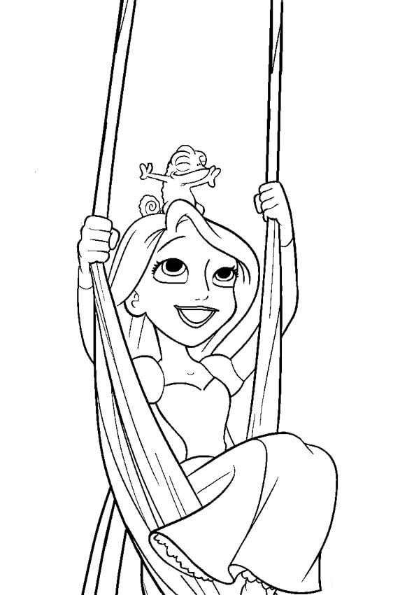 Dibujo de Feliz Rapunzel con Gecko para Colorear