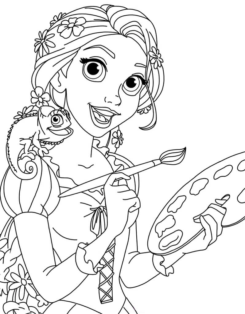 Dibujo de Pintura Rapunzel con el Gecko para Colorear