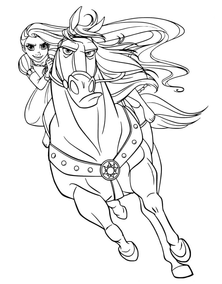 Dibujo de Rapunzel Montando Caballo para Colorear