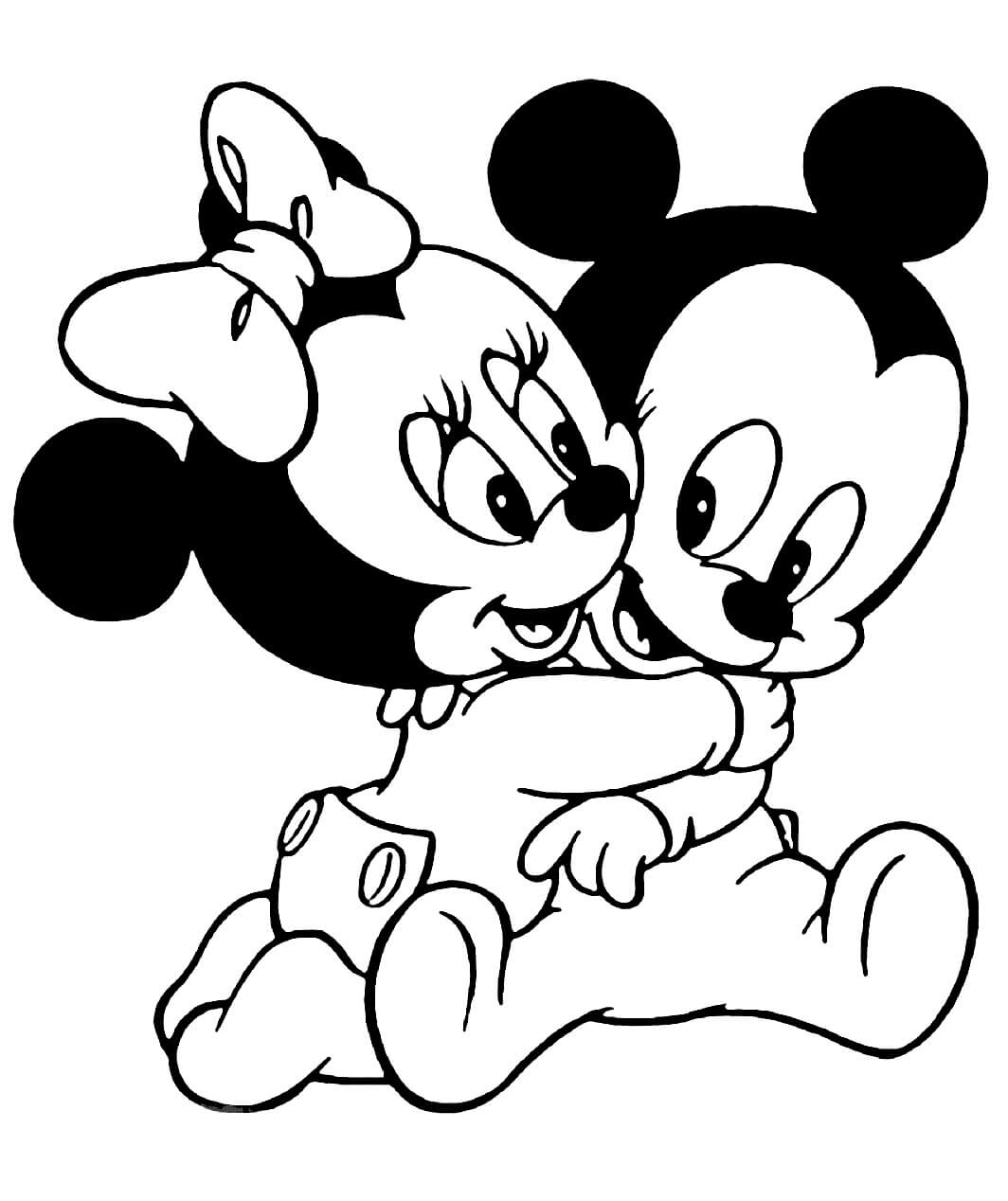 Dibujo de Bebé Minnie Mouse Abrazando a bebé Mickey Mouse para Colorear