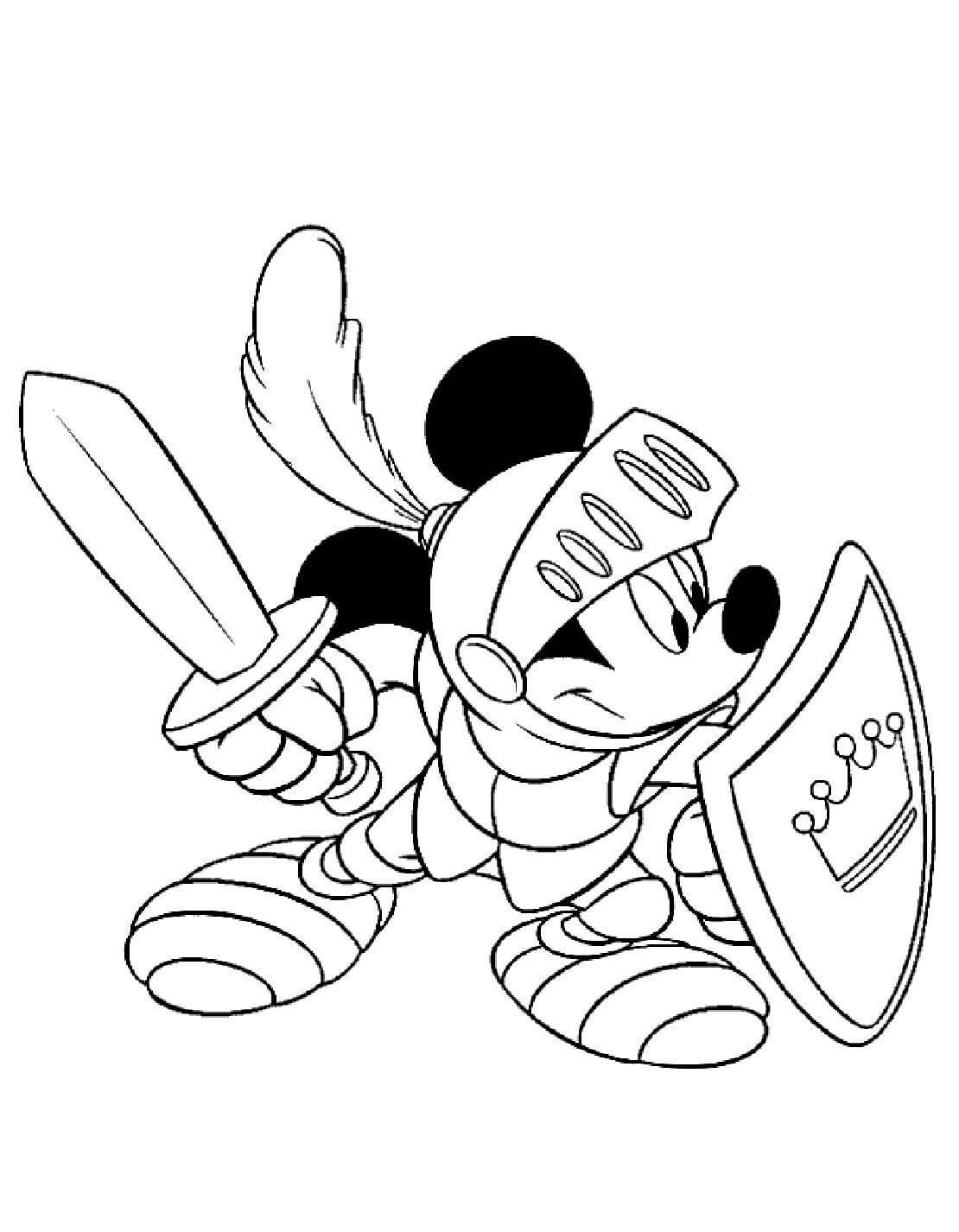 Dibujo de Caballero Mickey Mouse Sosteniendo Espada y Escudo para Colorear